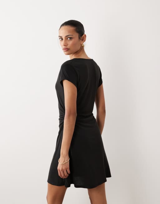 ASOS DESIGN cowl neck short sleeve with ruching modal mini dress in black, 2 of 4