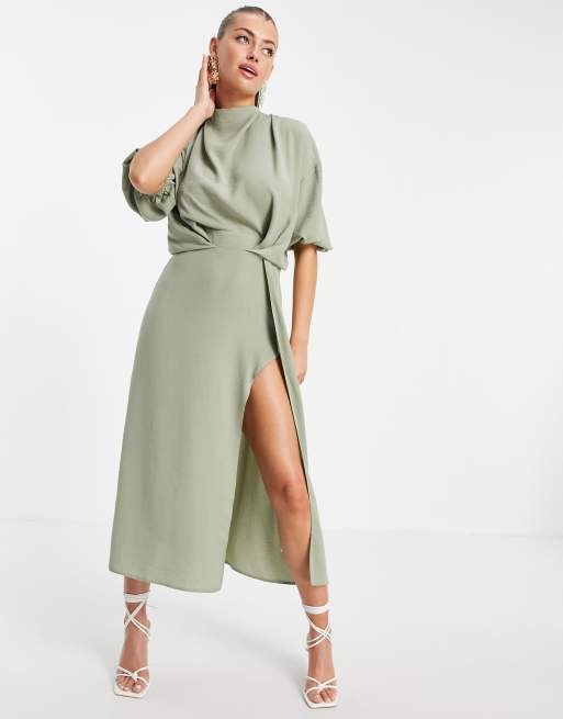 ASOS DESIGN cowl neck skater midi dress with open back in sage green