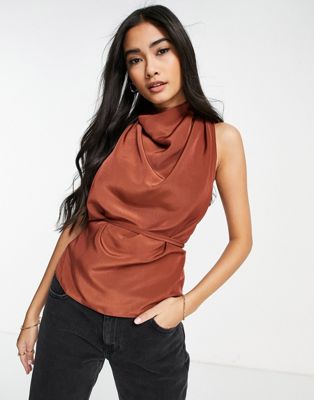 ASOS DESIGN cowl neck sleeveless blouse with skinny tie waist detail in coconut