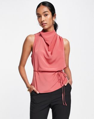 ASOS DESIGN cowl neck sleeveless blouse with skinny tie waist detail in wine