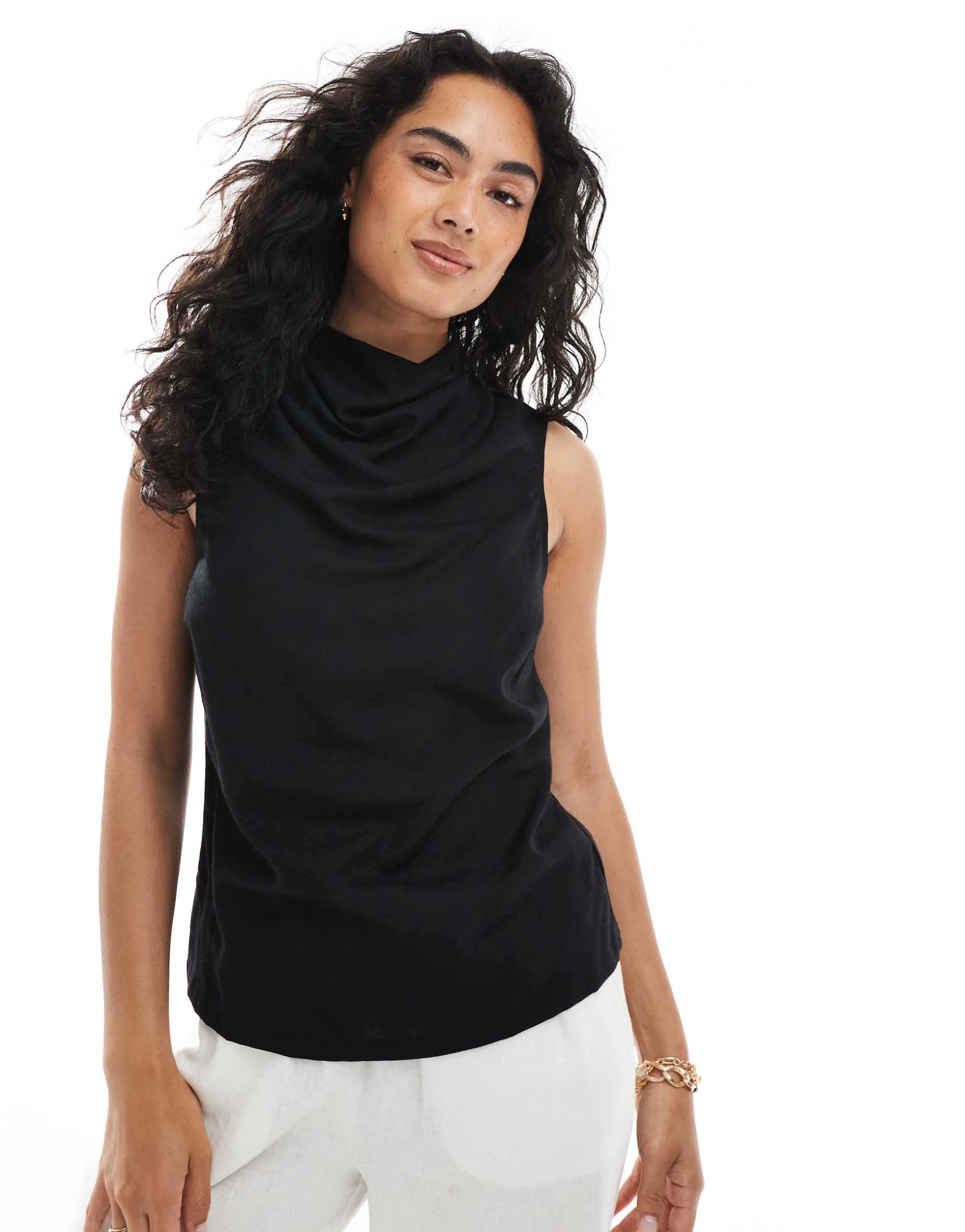 asos design cowl neck sleeveless linen blend top in black