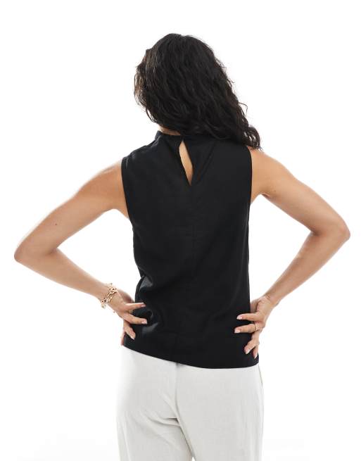 ASOS DESIGN cowl neck sleeveless linen blend top in black