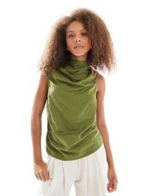 Asos Design Cowl Neck Sleeveless Linen Blend Top In Green