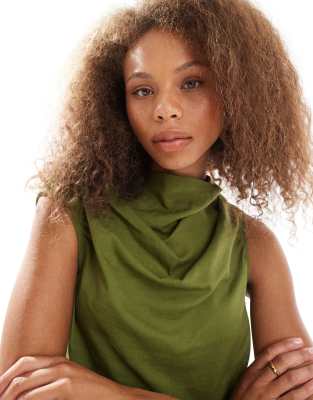 Asos Design Cowl Neck Sleeveless Linen Blend Top In Green