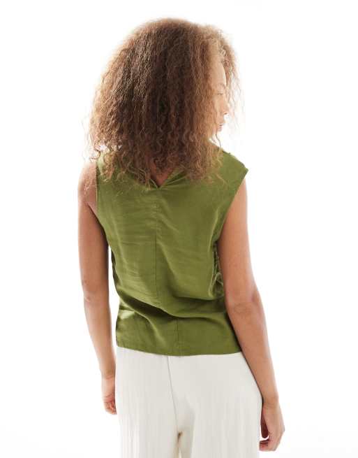ASOS DESIGN cowl neck sleeveless linen-blend top in khaki