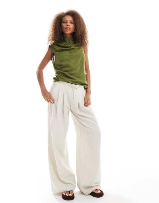 ASOS DESIGN cowl neck sleeveless linen-blend top in khaki