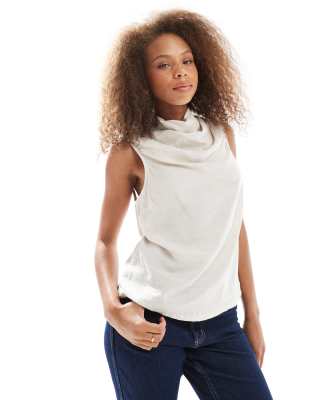 Asos Design Cowl Neck Sleeveless Linen Blend Top In White