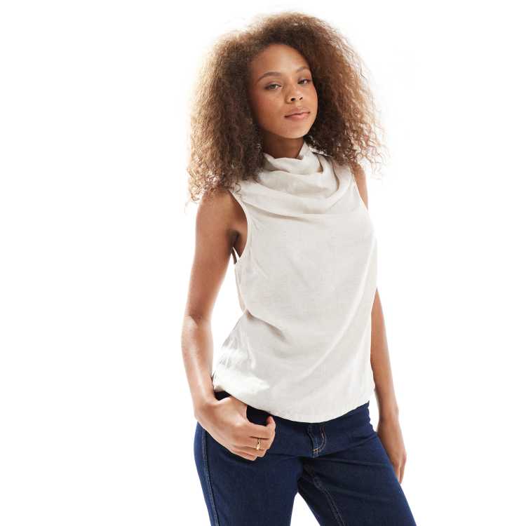 ASOS DESIGN cowl neck sleeveless linen blend top in stone | ASOS