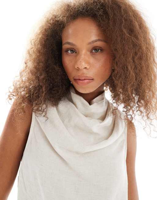 ASOS DESIGN cowl neck sleeveless linen blend top in stone, 4 of 4