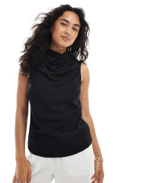 ASOS DESIGN cowl neck sleeveless top in linen blend in black - view 1