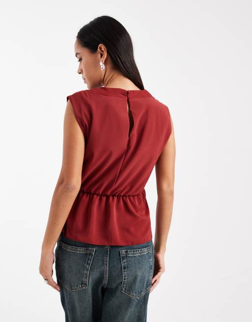ASOS DESIGN cowl neck sleeveless top with twist waist detail in burgundy