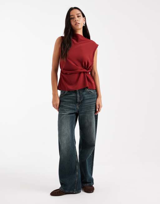 ASOS DESIGN cowl neck sleeveless top with twist waist detail in burgundy