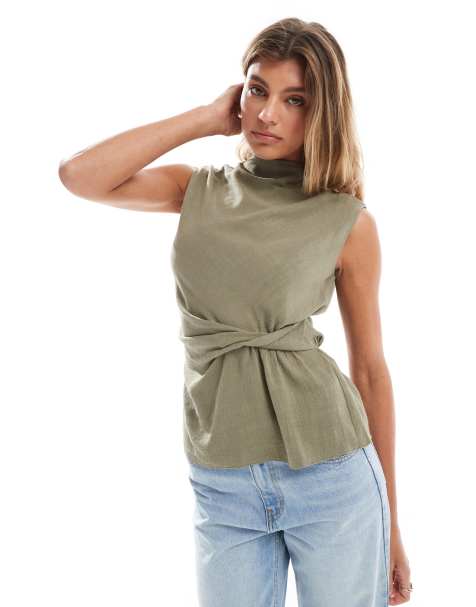 ASOS DESIGN cowl neck sleeveless top with twist waist detail in linen blend in khaki - view 1