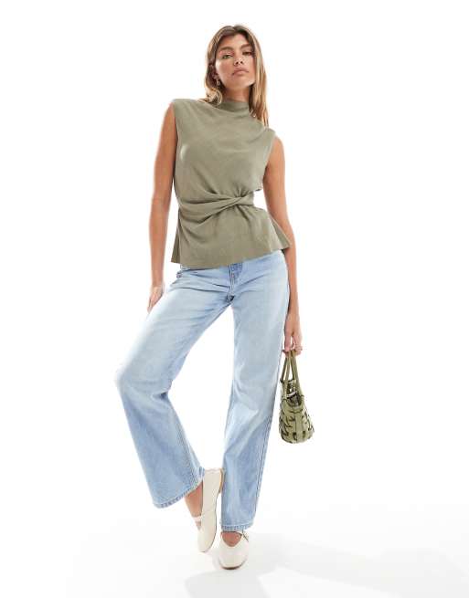 ASOS DESIGN cowl neck sleeveless top with twist waist detail in linen blend in khaki