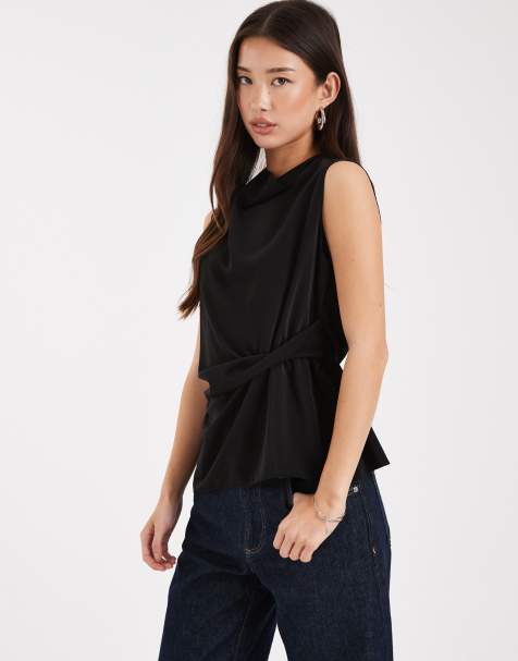 ASOS DESIGN cowl neck sleeveless top with twisted waist detail in black - view 1