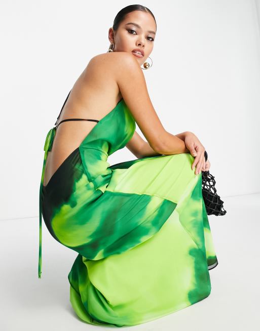 ASOS DESIGN cowl neck strap detail maxi dress in green tie dye print