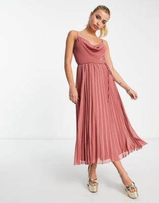 Asos Design Cowl Neck Strappy Pleated Midi Dress With Tie Waist In Rose Pink