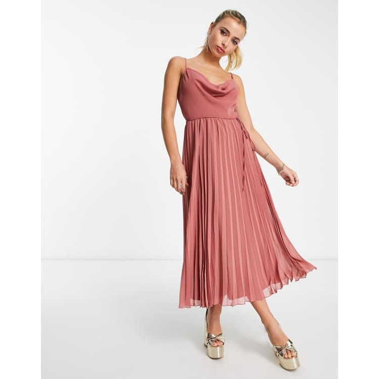 ASOS DESIGN cowl neck strappy pleated midi dress with tie waist in rose pink