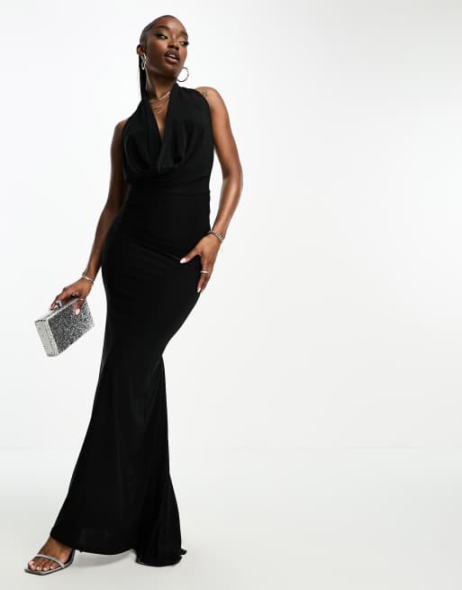 Long black cowl outlet neck dress