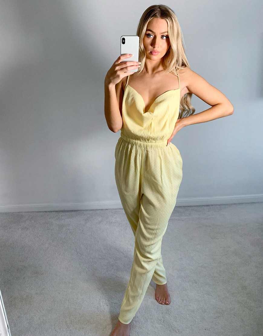 ASOS DESIGN cowl neck textured beach jumpsuit in soft yellow