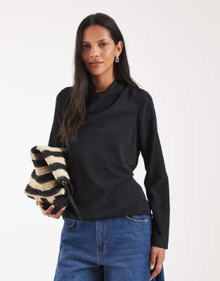 Asos Design Cowl Neck Tie Waist Blouse In Black