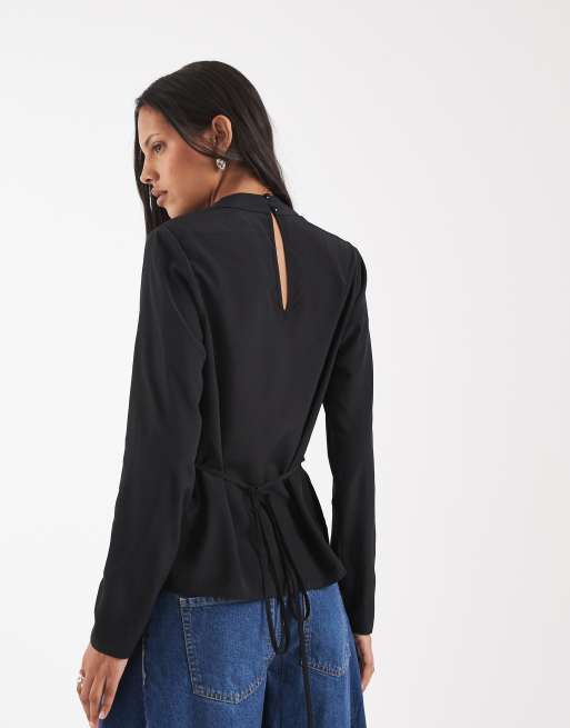 ASOS DESIGN cowl neck tie waist blouse in black, 4 of 4