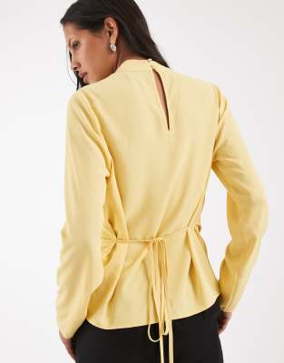 Asos Design Cowl Neck Tie Waist Blouse In Yellow