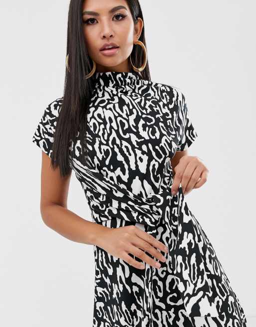 ASOS DESIGN cowl neck tie waist maxi dress in mono animal