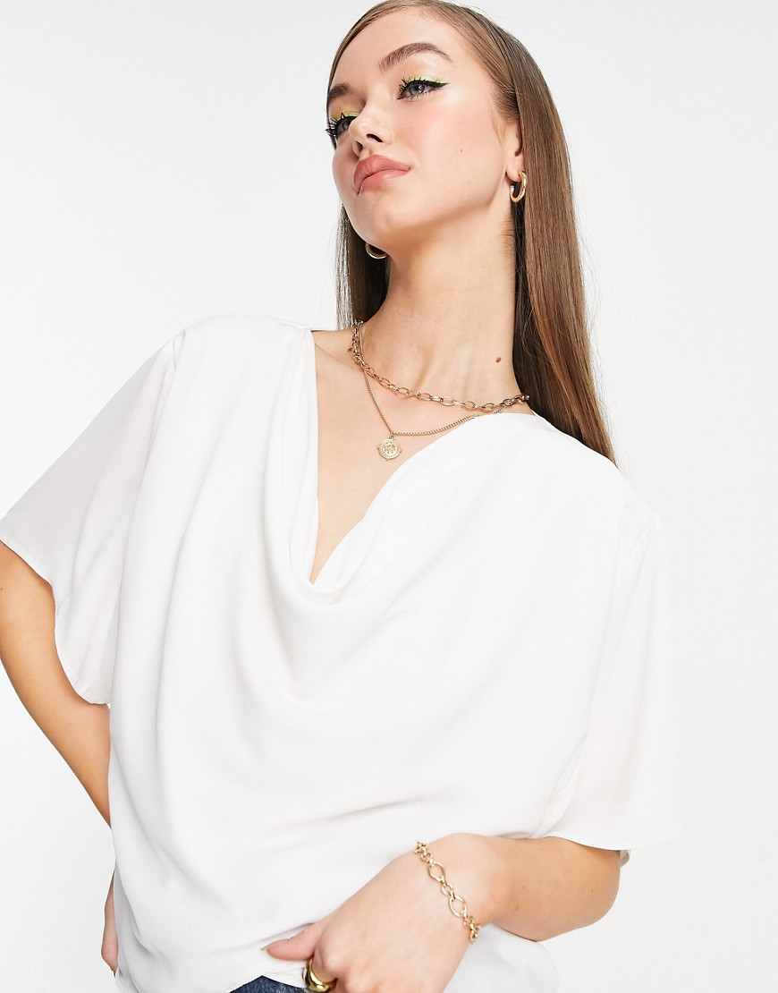 ASOS DESIGN cowl neck top with wrap hem detail in ivory-White