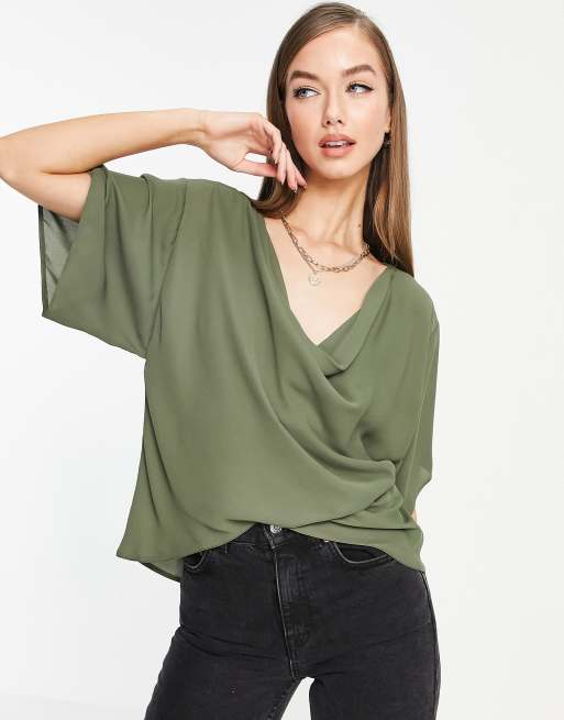 ASOS DESIGN cowl neck top with wrap hem detail in khaki
