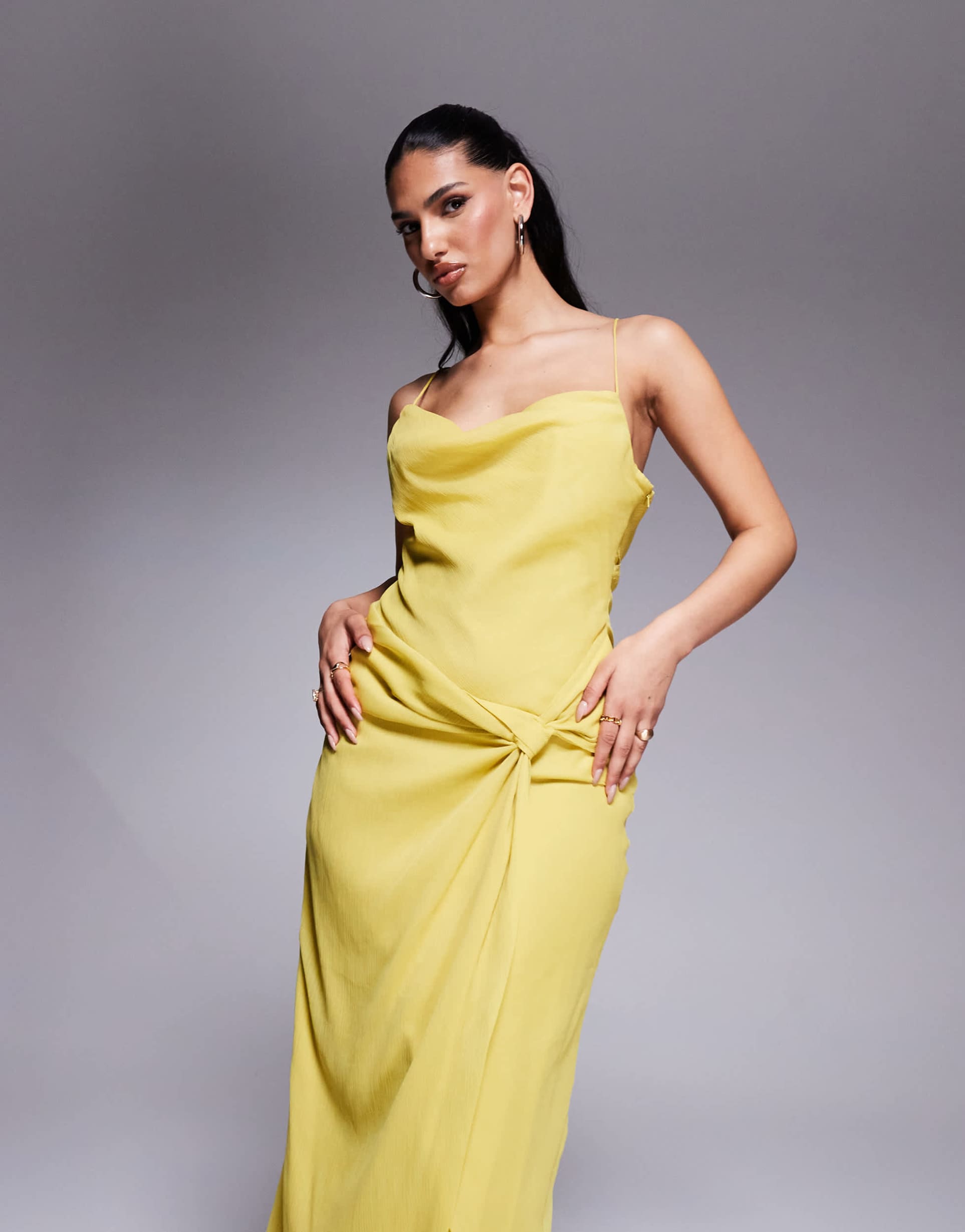 asos design cowl neck twist front maxi dress in yellow