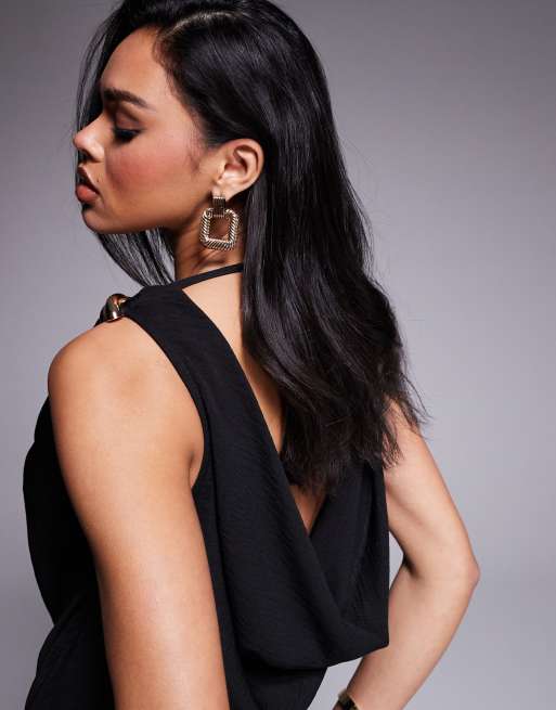 ASOS DESIGN cowl neck wide leg jumpsuit with gold hardware in black, 2 of 4