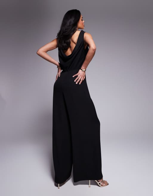 ASOS DESIGN cowl neck wide leg jumpsuit with gold hardware in black, 3 of 4