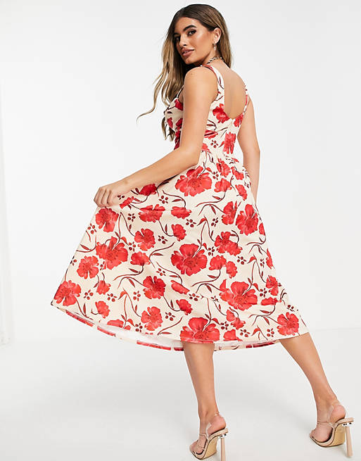 Dresses cowl neck with corsetted waist skater midi dress in floral print 