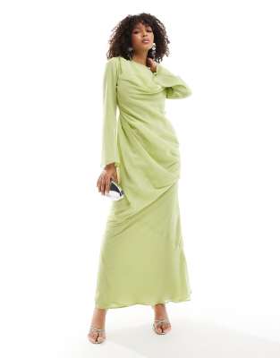 ASOS DESIGN COWL OVERLAY DRAPE FRONT MAXI DRESS IN LIME GREEN-MULTI