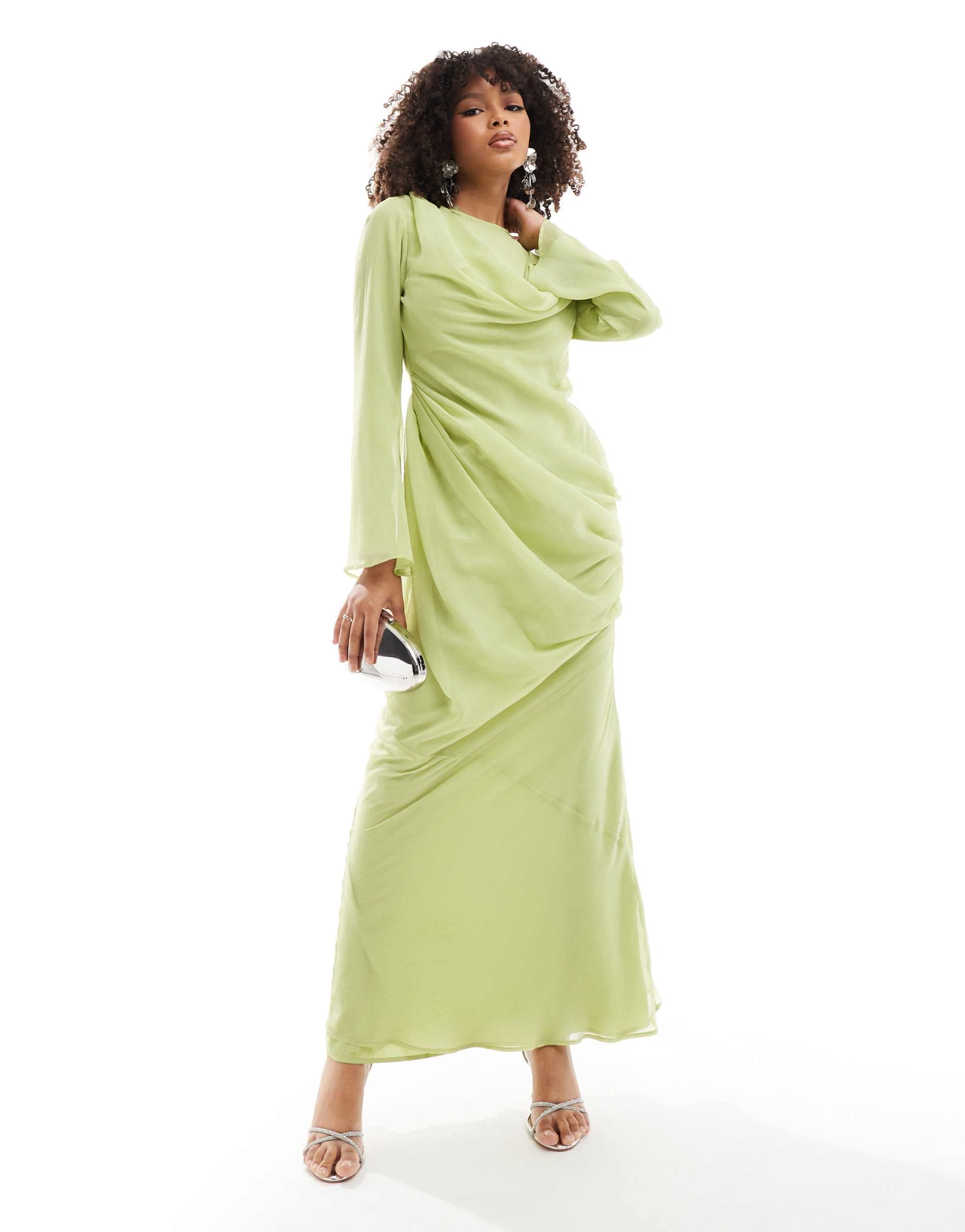 asos design cowl overlay drape front maxi dress in lime green