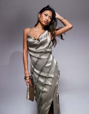 Asos Design Cowl Paneled Satin Maxi Dress In Mink-neutral
