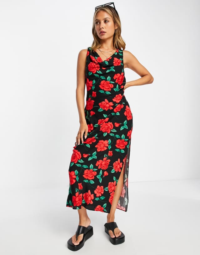 ASOS DESIGN cowl ruched side midi dress with slit in vintage rose