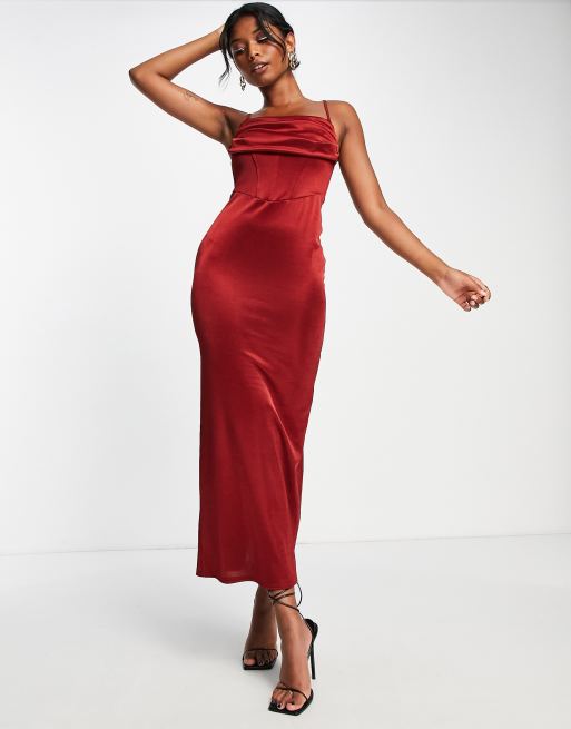 Cowl neck wide straps high leg slit stretch satin maxi dress