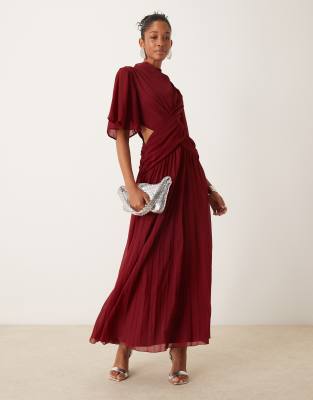 ASOS DESIGN cowl wrap front pleated midi dress with cut out in burgundy-Red