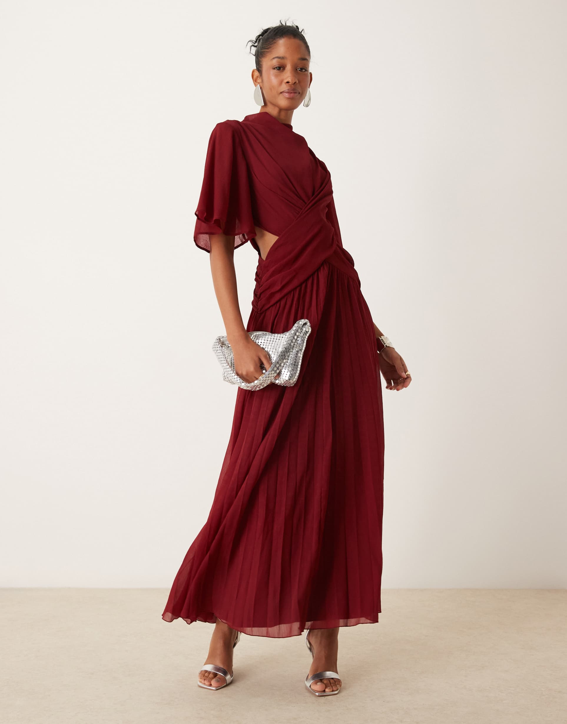 asos design cowl wrap front pleated midi dress with cut out in burgundy