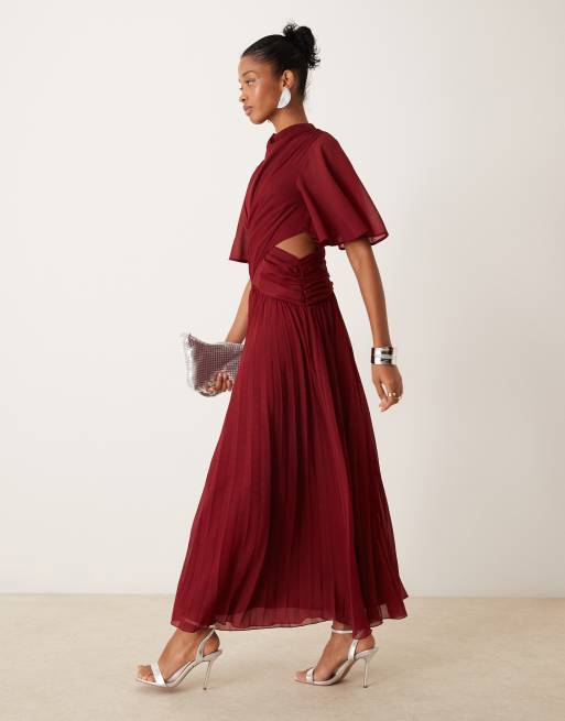 ASOS DESIGN cowl wrap front pleated midi dress with cut out in burgundy, 2 of 4