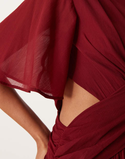 ASOS DESIGN cowl wrap front pleated midi dress with cut out in burgundy, 3 of 4