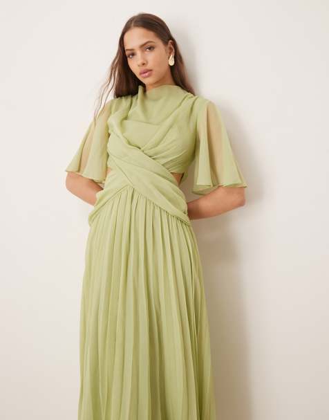 ASOS DESIGN cowl wrap front pleated midi dress with cut out in sage green - view 1