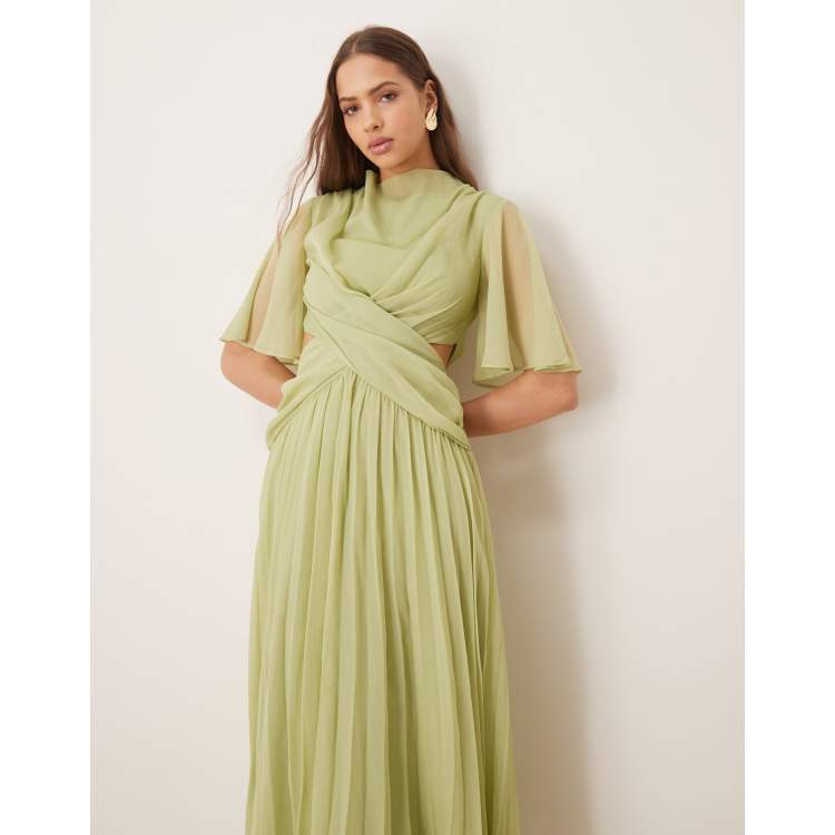 ASOS DESIGN cowl wrap front pleated midi dress with cut out in sage green |  ASOS