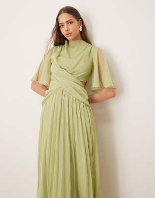 asos design cowl wrap front pleated midi dress with cut out in sage green