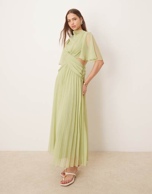 ASOS DESIGN cowl wrap front pleated midi dress with cut out in sage green