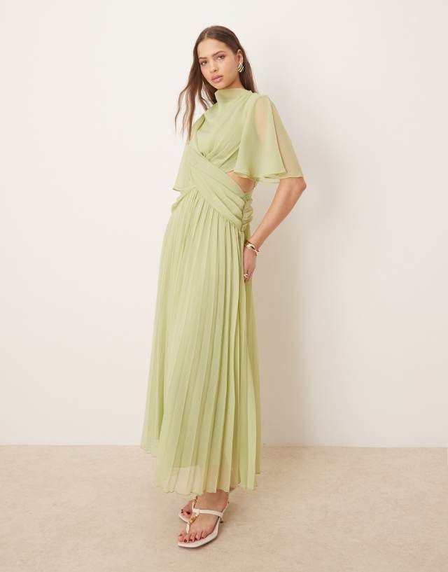 asos green leather dress DESIGN cowl wrap front pleated midi with cut out in sage ladies dress for party