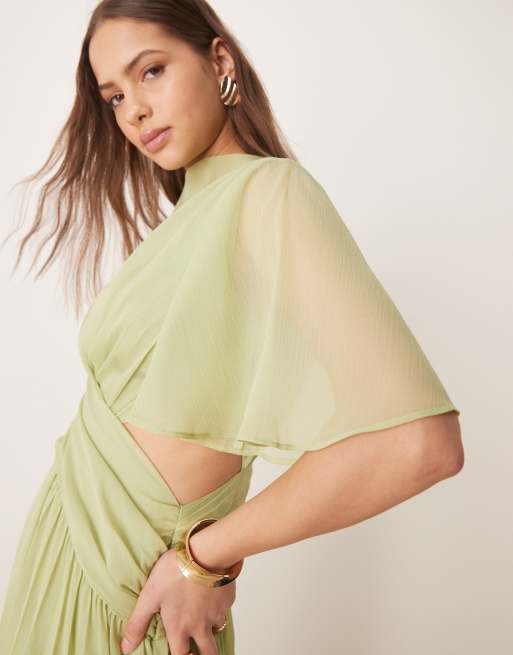 ASOS DESIGN cowl wrap front pleated midi dress with cut out in sage green
