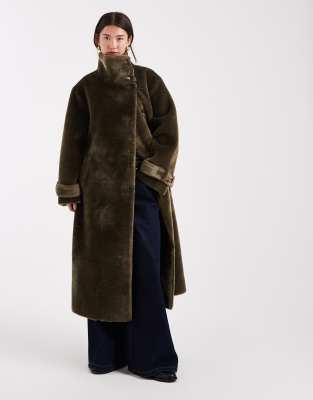 Asos Design Cozy Borg Funnel Neck Longline Coat In Green